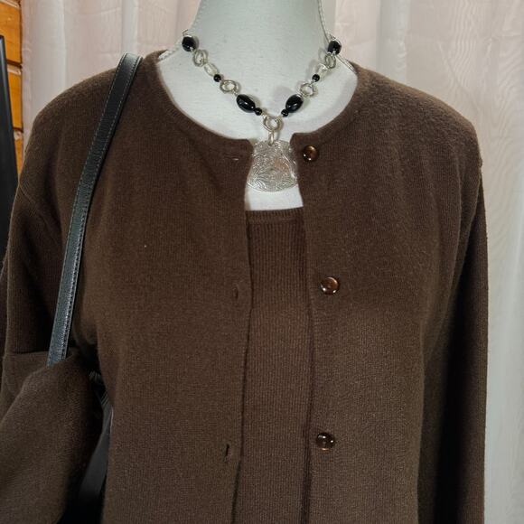 Vintage Norton Brown Mock Twinset Cardigan Top Large Classic Minimalist Capsule - Picture 2 of 8